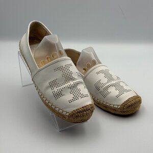 Tory Burch White Nappa Leather Espadrilles Perforated Logo Round Toe Slip On 6.5